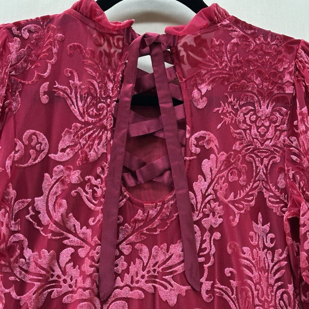 By Anthropologie Velvet Burnout Top S Lace Up Back Ruffle Mock Neck Damask Pink - Picture 16 of 16